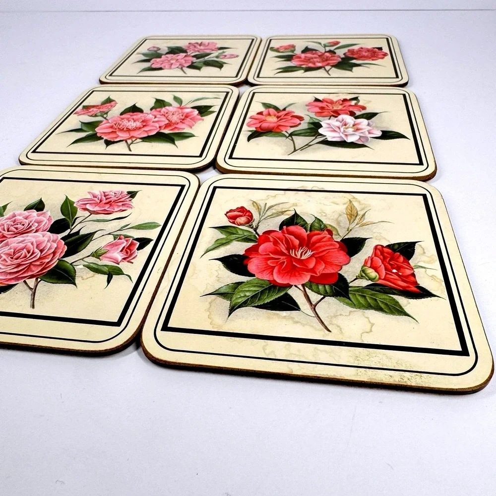Floral Cork Backed Drink Coasters‎ Set of 6 Assorted Flower Designs